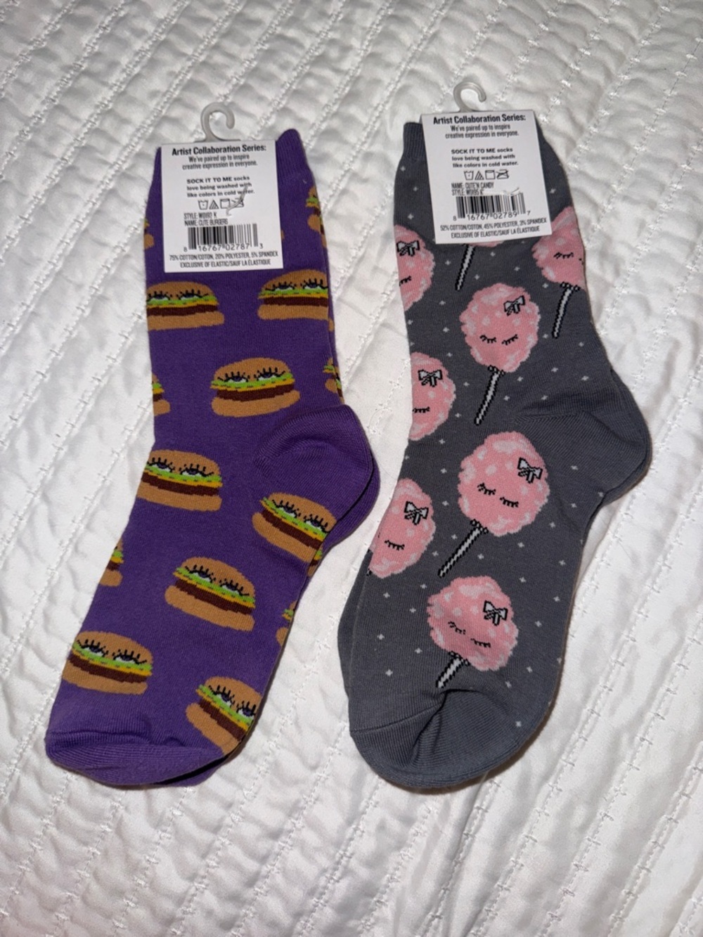 Sock it to me Women's Gray Cotton Candy & Purple Burger Crew Socks - Picture 2 of 2